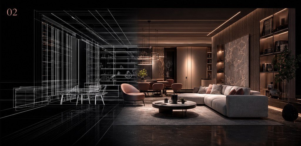 Interior wireframe transforming into realistic render