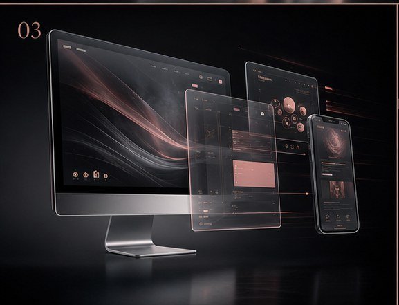 Floating UX UI screen stack in dark luxury style