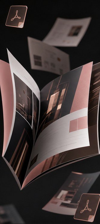 3D brochure page flip with floating PDF sheets