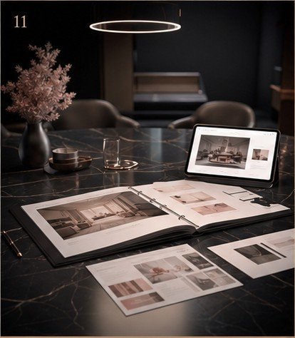 Premium client presentation table with proposal deck and tablet presentation
