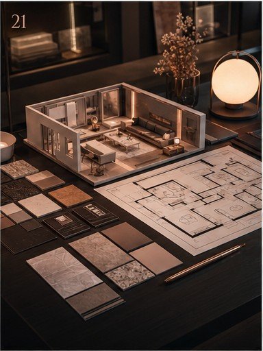 Interior consultation table with floor plan and material samples