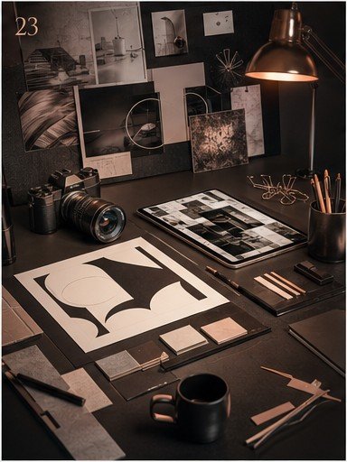 Creative director desk with moodboards and campaign frames