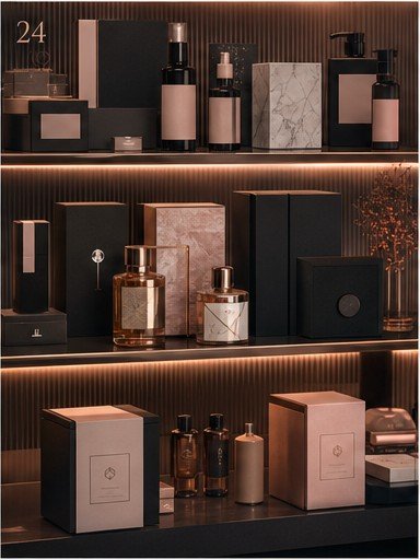 Product packaging shelf display with labels and bottle mockups