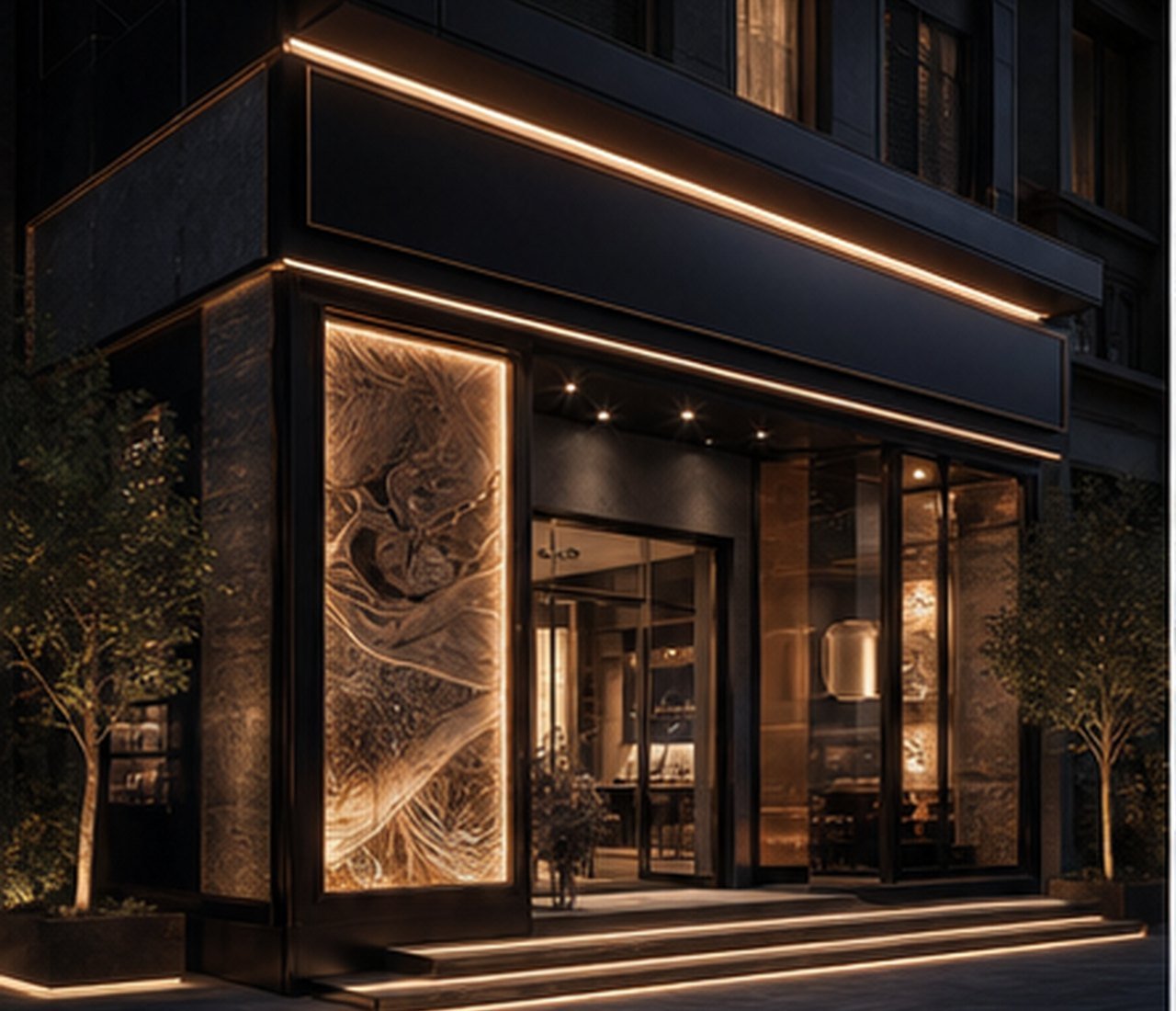 Premium exterior storefront identity with architectural lighting