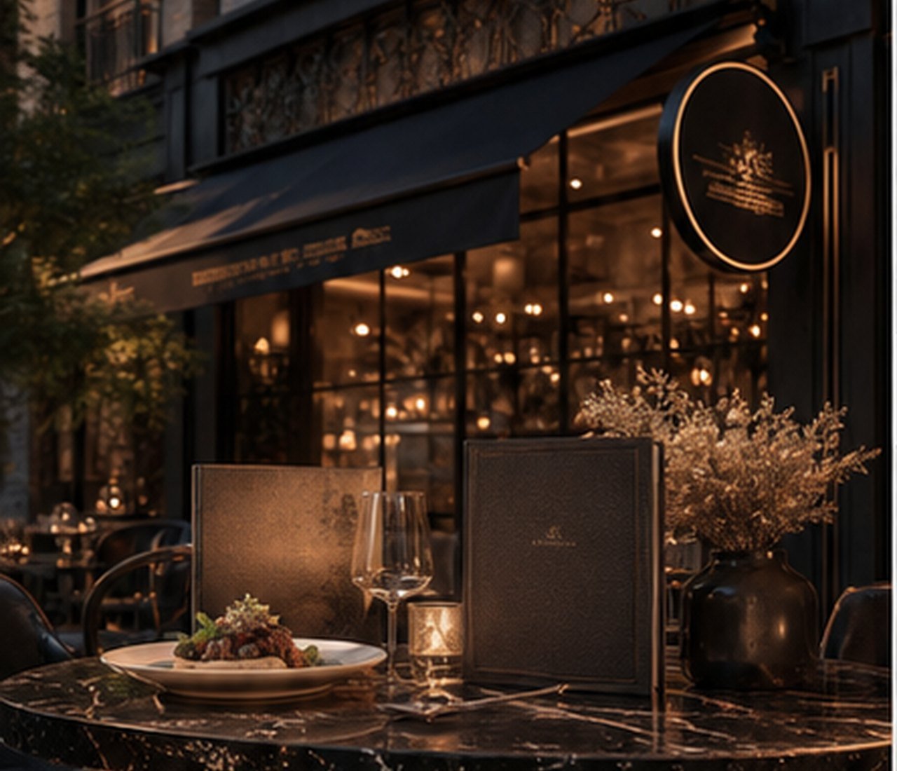 Restaurant and cafe brand atmosphere with menu and interior lighting