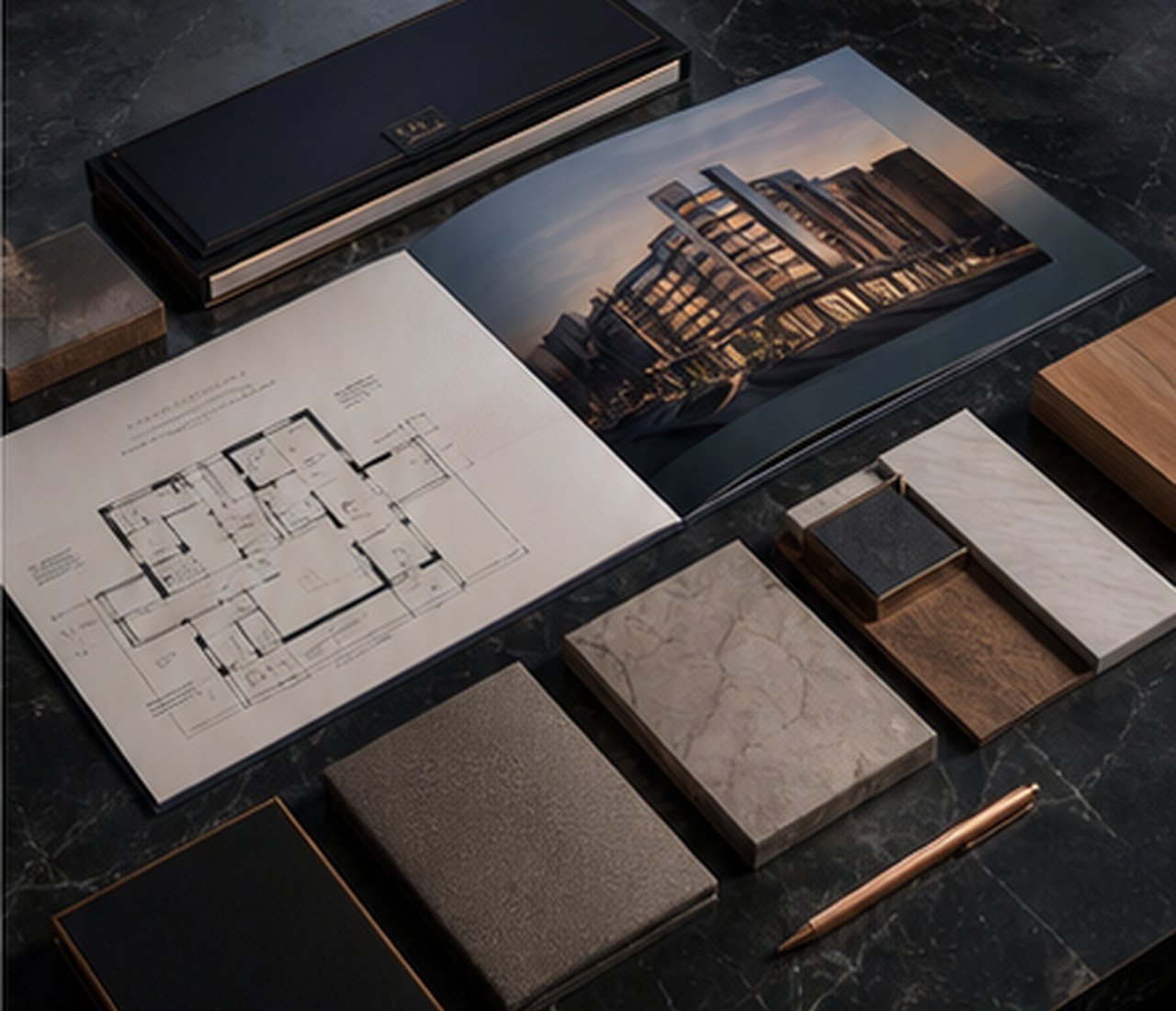 Real estate sales presentation kit with brochure and material samples