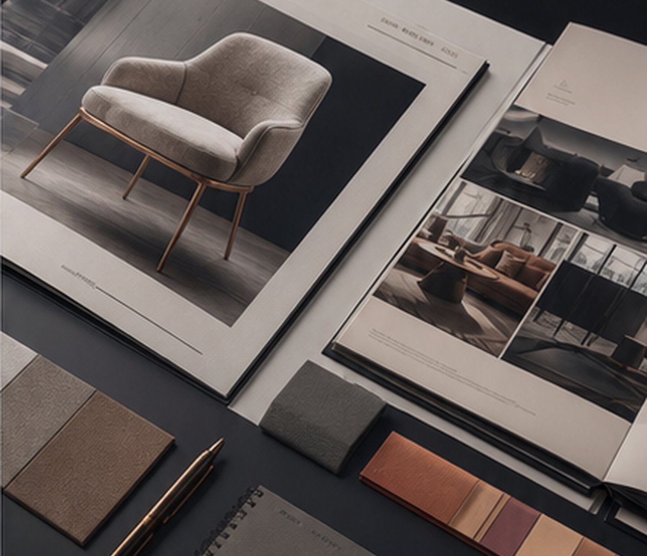 Furniture catalogue and product scene with chair render and samples